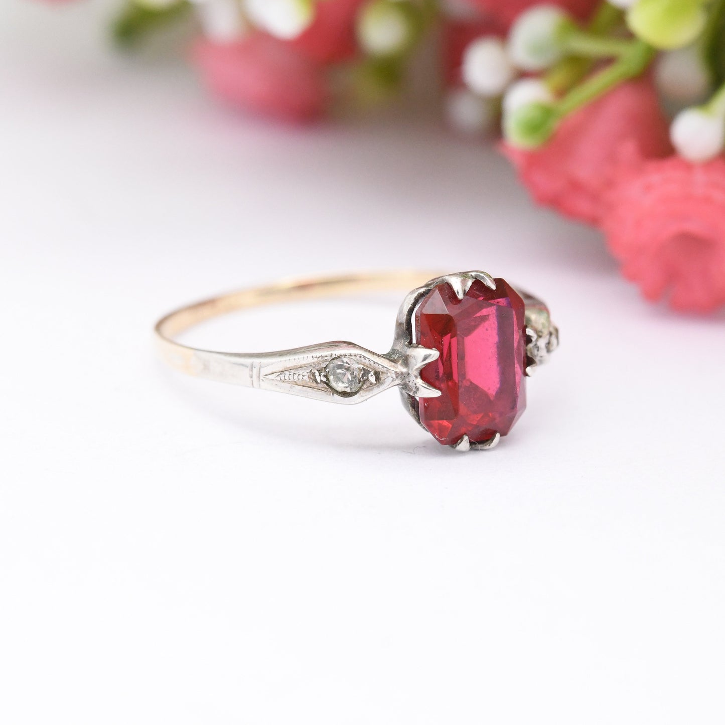 Antique Art Deco 9ct Gold & Sterling Silver Paste Ring - Ruby Red Paste | UK Size - S 1/2 | US Size - 9 1/4