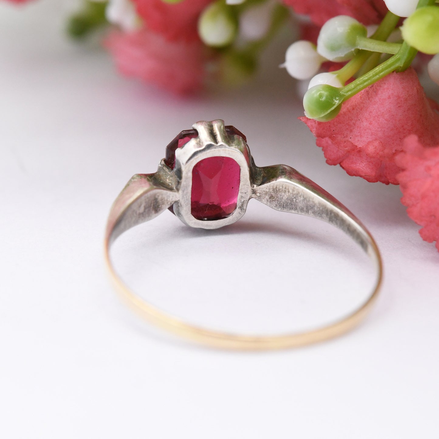 Antique Art Deco 9ct Gold & Sterling Silver Paste Ring - Ruby Red Paste | UK Size - S 1/2 | US Size - 9 1/4