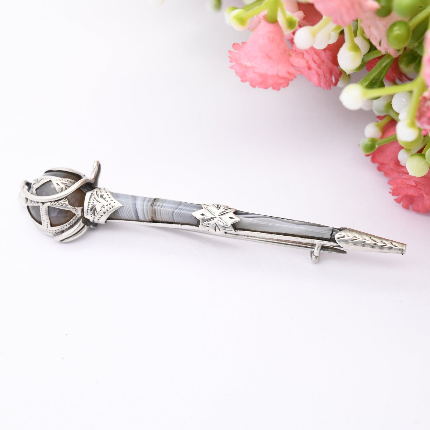 Antique Scottish Sterling Silver Blue Lace Agate Sword Brooch - Victorian Gemstone Rapier