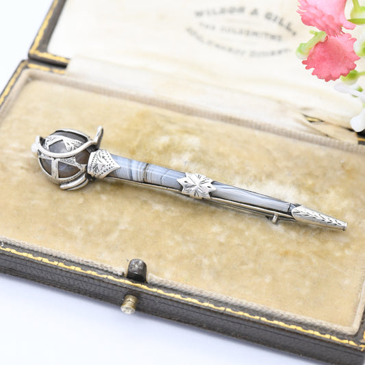 Antique Scottish Sterling Silver Blue Lace Agate Sword Brooch - Victorian Gemstone Rapier