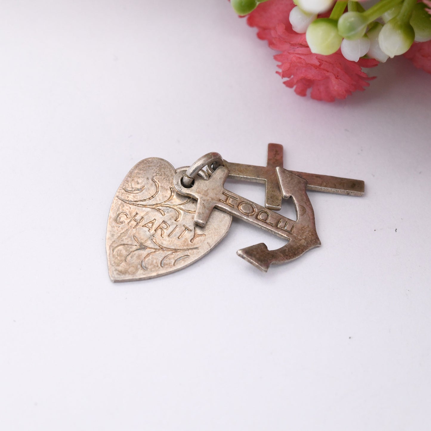 Vintage Silver Hope Faith Charity Charm Pendant - Heart Anchor Cross | Engraved Words | Charm Bracelet Charm Necklace