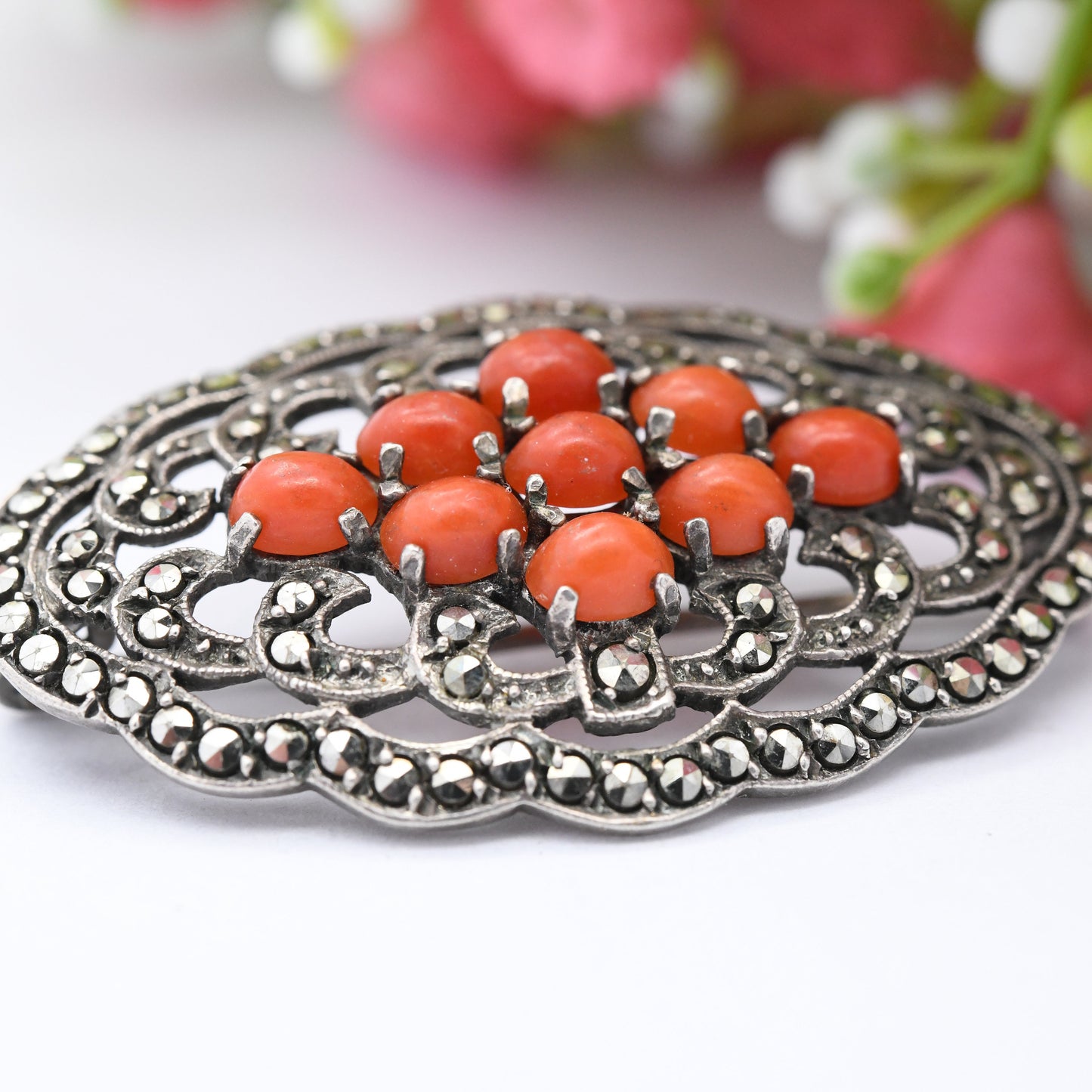 Antique Silver Coral Marcasite Brooch - Cabochon Red Stones | Ornate Statement Pin