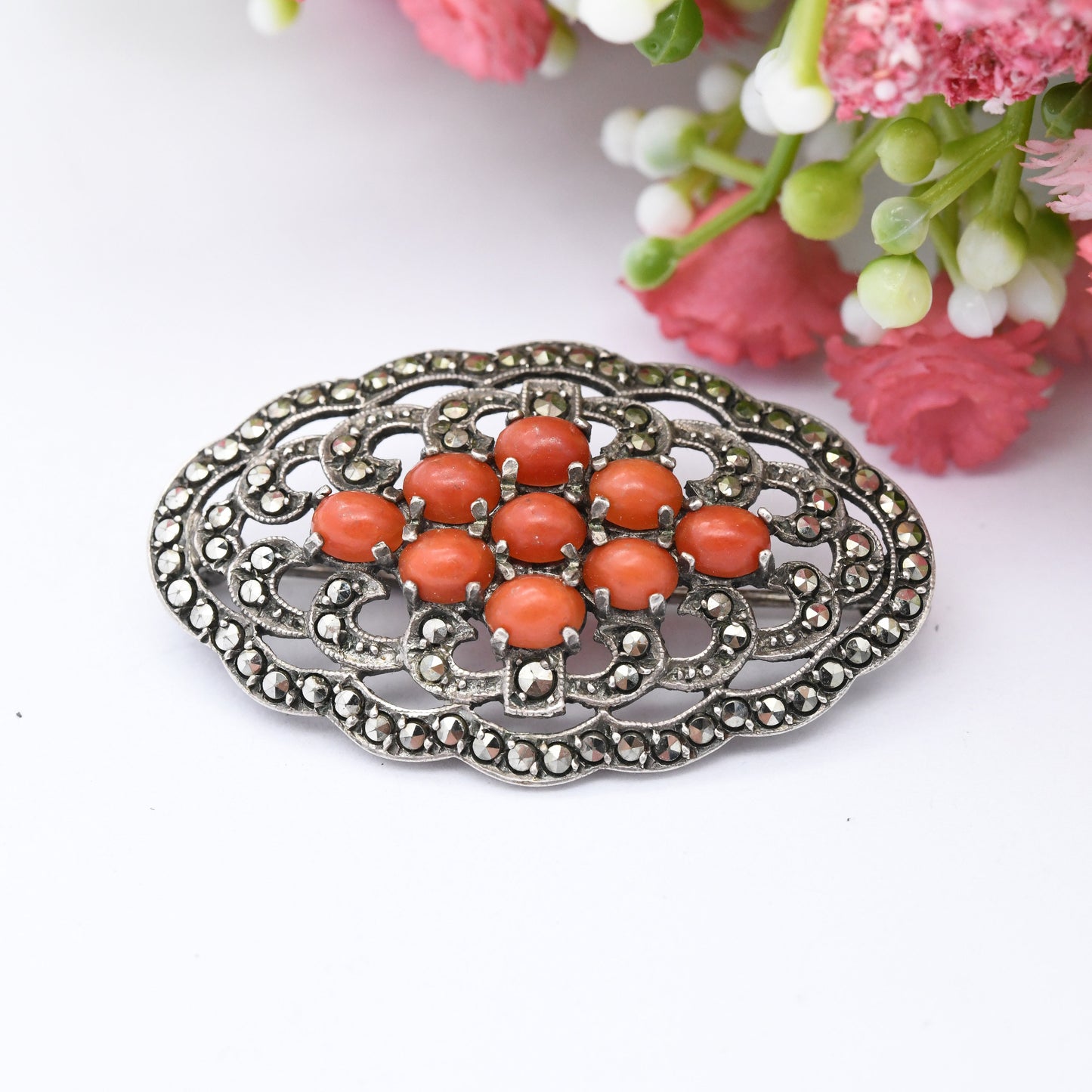 Antique Silver Coral Marcasite Brooch - Cabochon Red Stones | Ornate Statement Pin