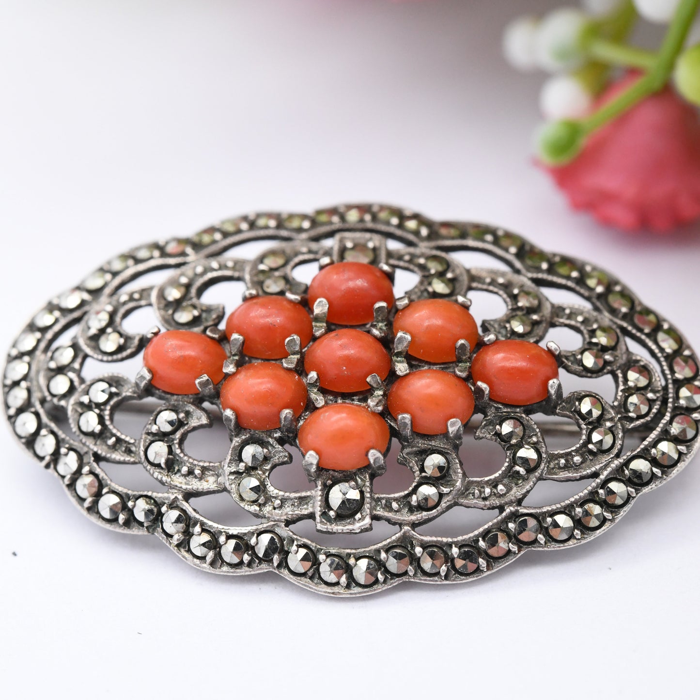 Antique Silver Coral Marcasite Brooch - Cabochon Red Stones | Ornate Statement Pin