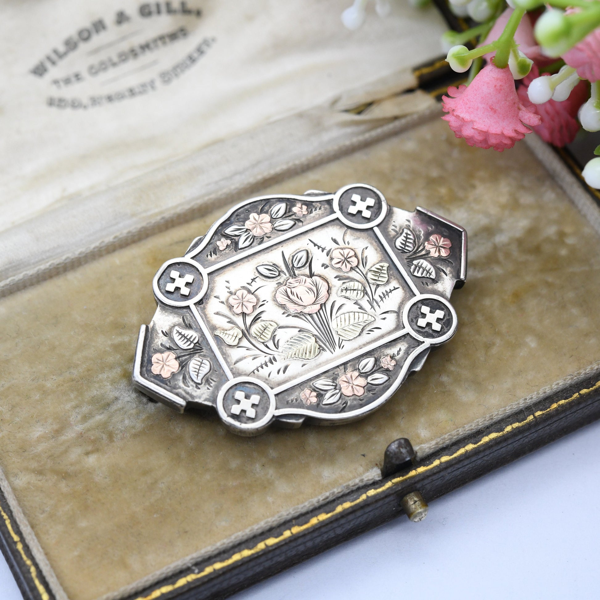 Antique Victorian Sterling Silver Aesthetic Movement Mourning Brooch with Floral Engraving 1884 - with Secret Locket | Rose Gold Plating