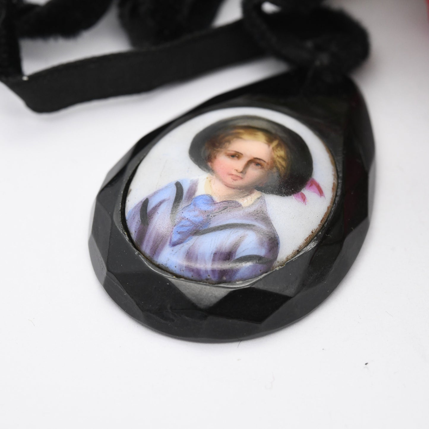 Antique Victorian Jet and Porcelain Portrait Pendant on Vintage Velvet Necklace - Large Statement | Picture of a Blue Boy