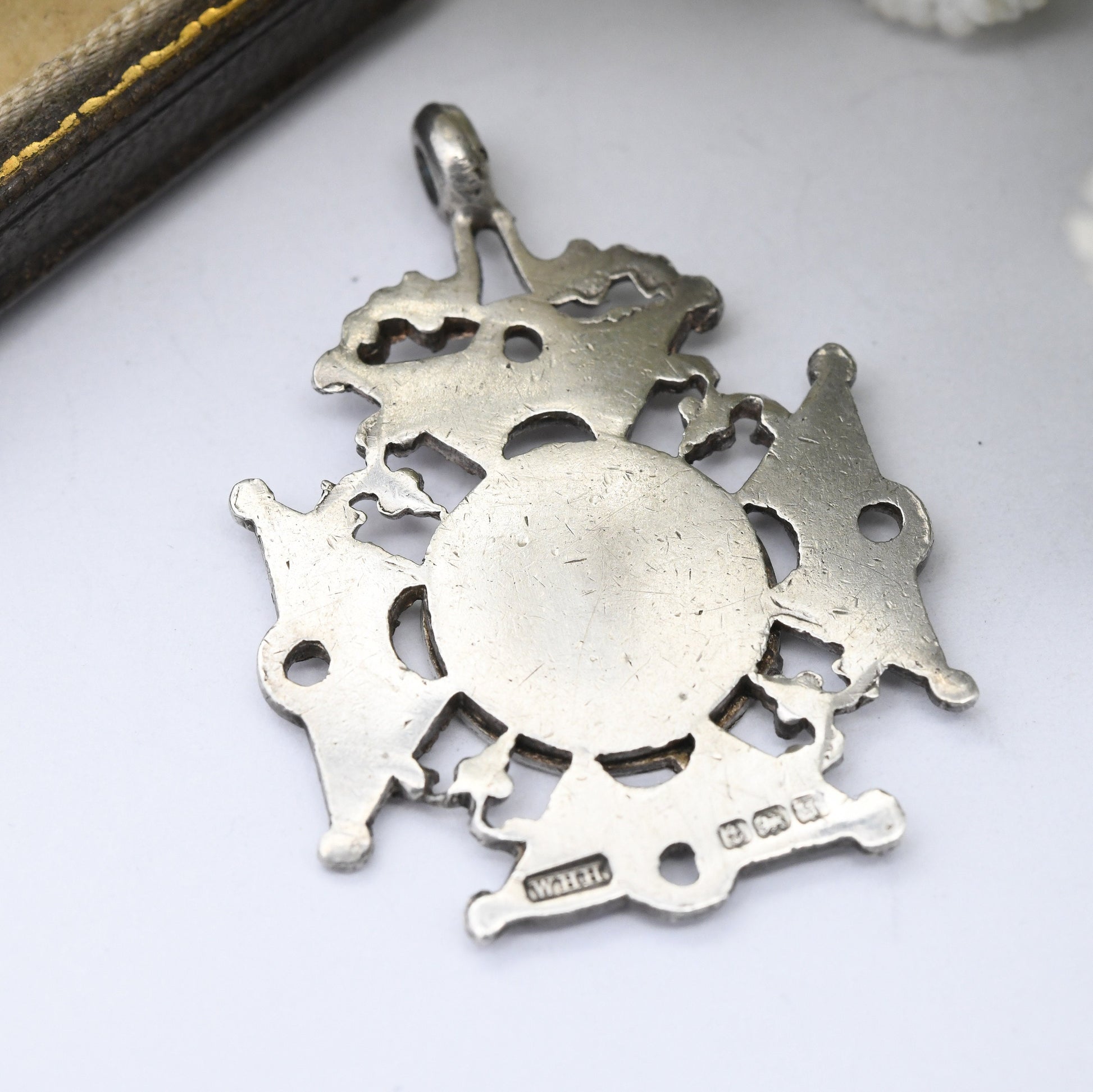 Antique Sterling Silver Watch Fob Pendant 1915 by William Hair Haseler - with Blank Space for Engraving Buckle and Shield Design