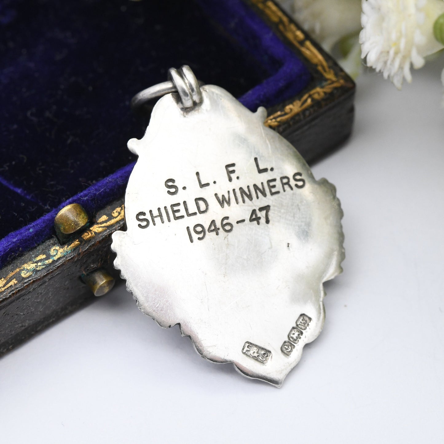 Vintage Sterling Silver Watch Fob Pendant 1946 1947 by Fattorini & Sons - with Football Relief Scene | Scottish Lowland SLFL Shield Winners