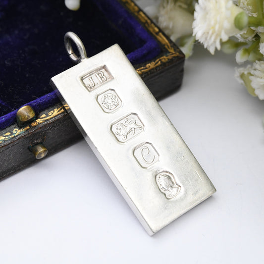 Vintage Sterling Silver Ingot Pendant 1977 with Queen Elizabeth II Silver Jubilee Stamp - Hallmarked Sheffield JB | Mid-Century Necklace