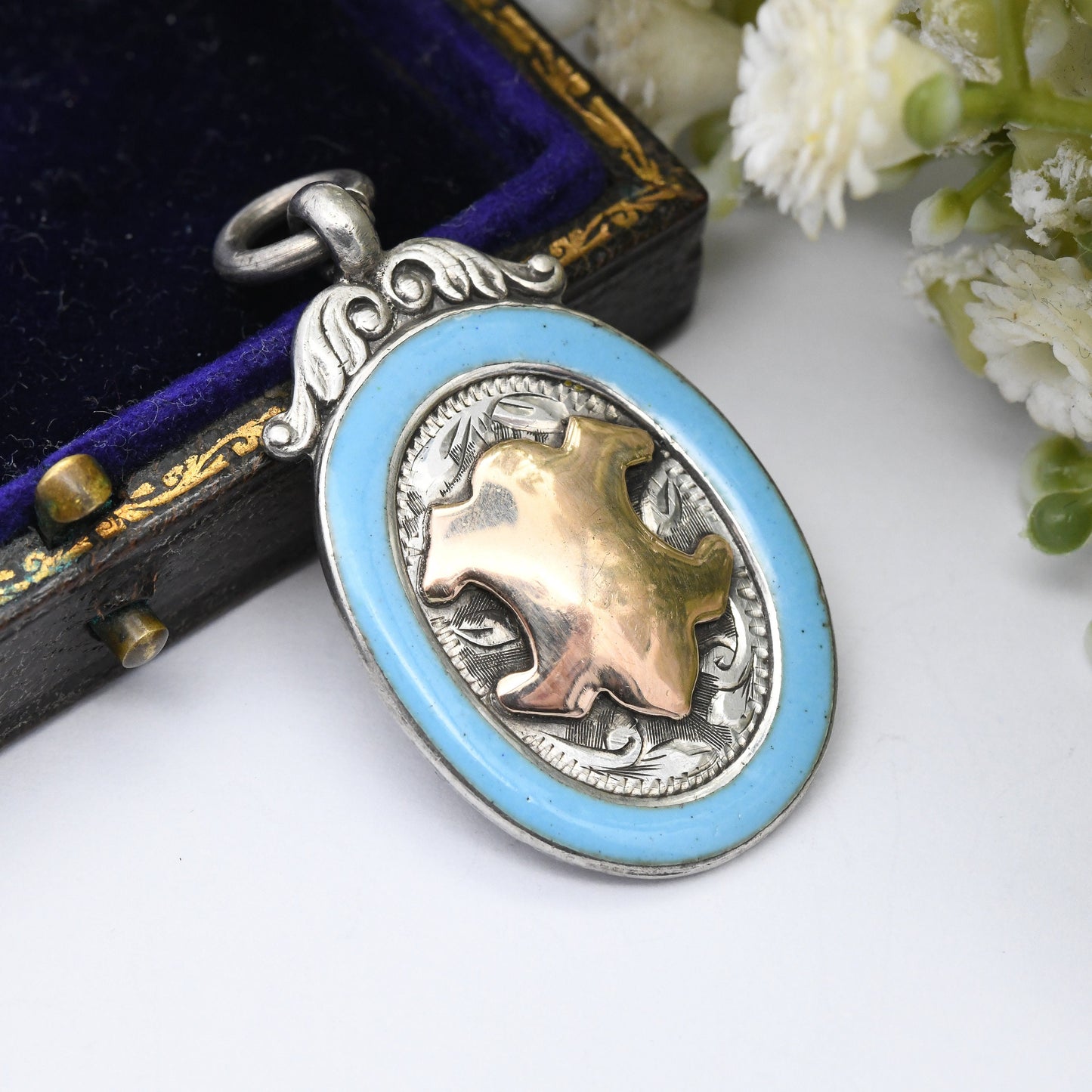 Vintage Sterling Silver Watch Fob Pendant 1926 by James Walter Tiptaft - with Gold Plaque and Blue Enamel | Engraved H Tiley 1934