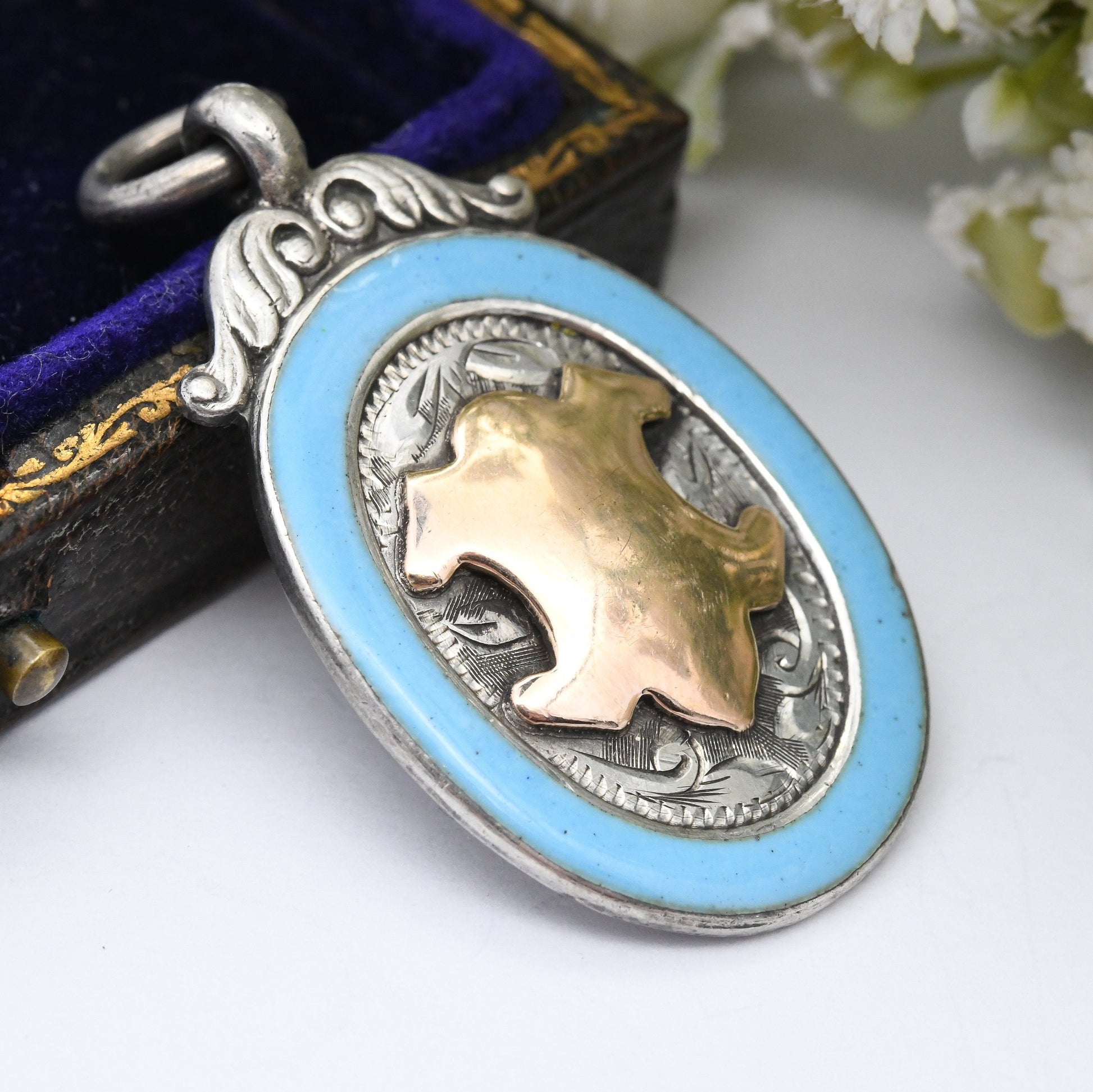 Vintage Sterling Silver Watch Fob Pendant 1926 by James Walter Tiptaft - with Gold Plaque and Blue Enamel | Engraved H Tiley 1934