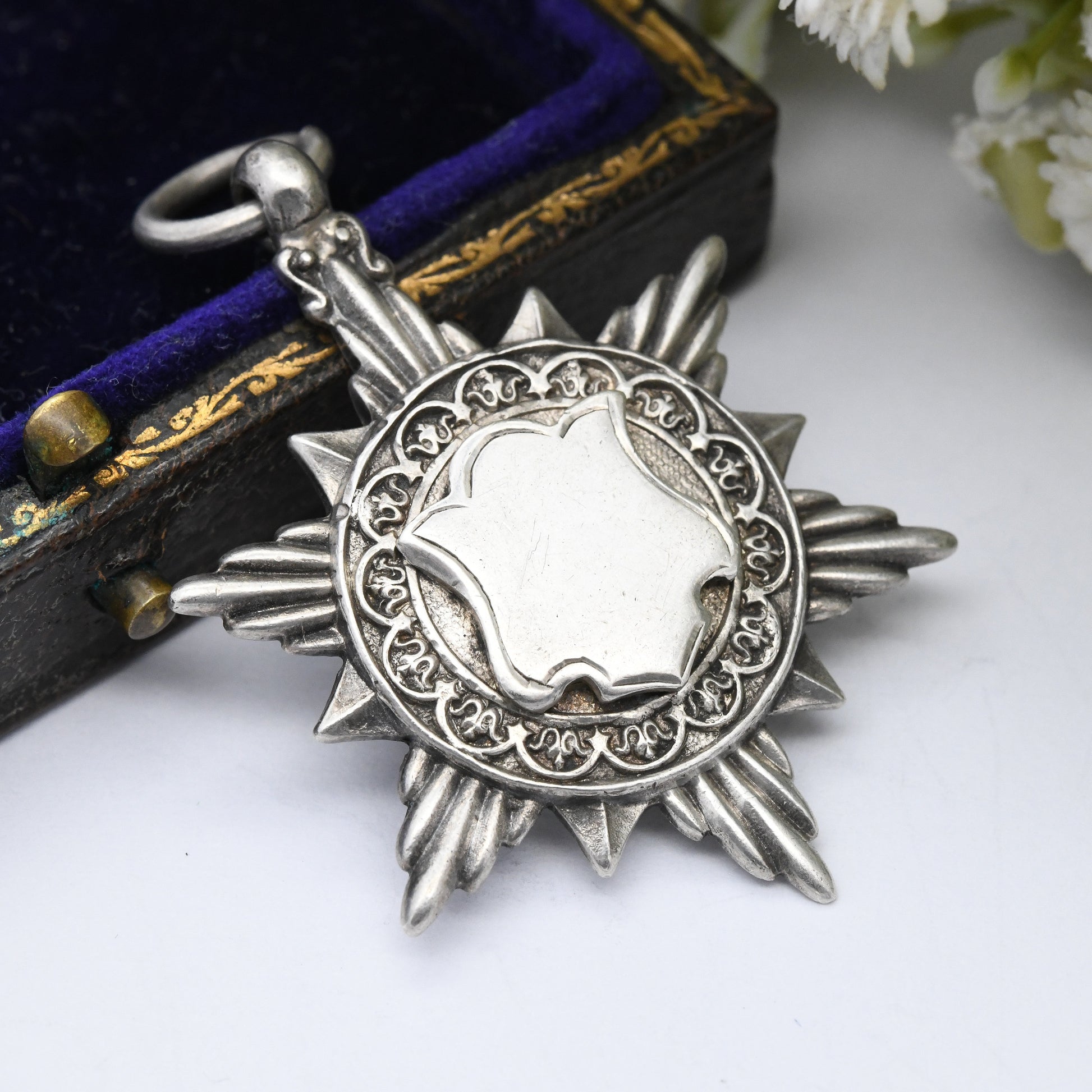 Antique Sterling Silver Star Watch Fob Pendant 1920 by Robert Chandler - with Blank Space for Engraving | Ornate Starburst Shape