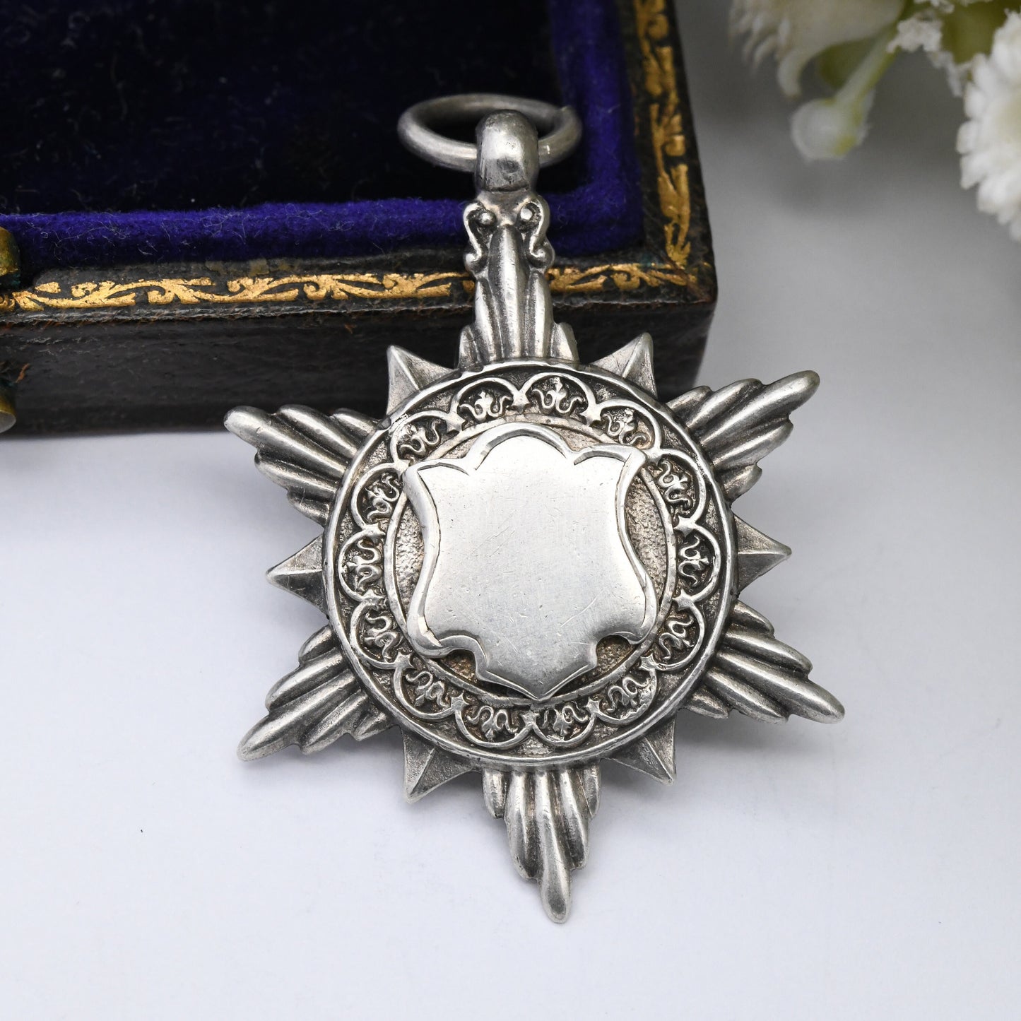 Antique Sterling Silver Star Watch Fob Pendant 1920 by Robert Chandler - with Blank Space for Engraving | Ornate Starburst Shape