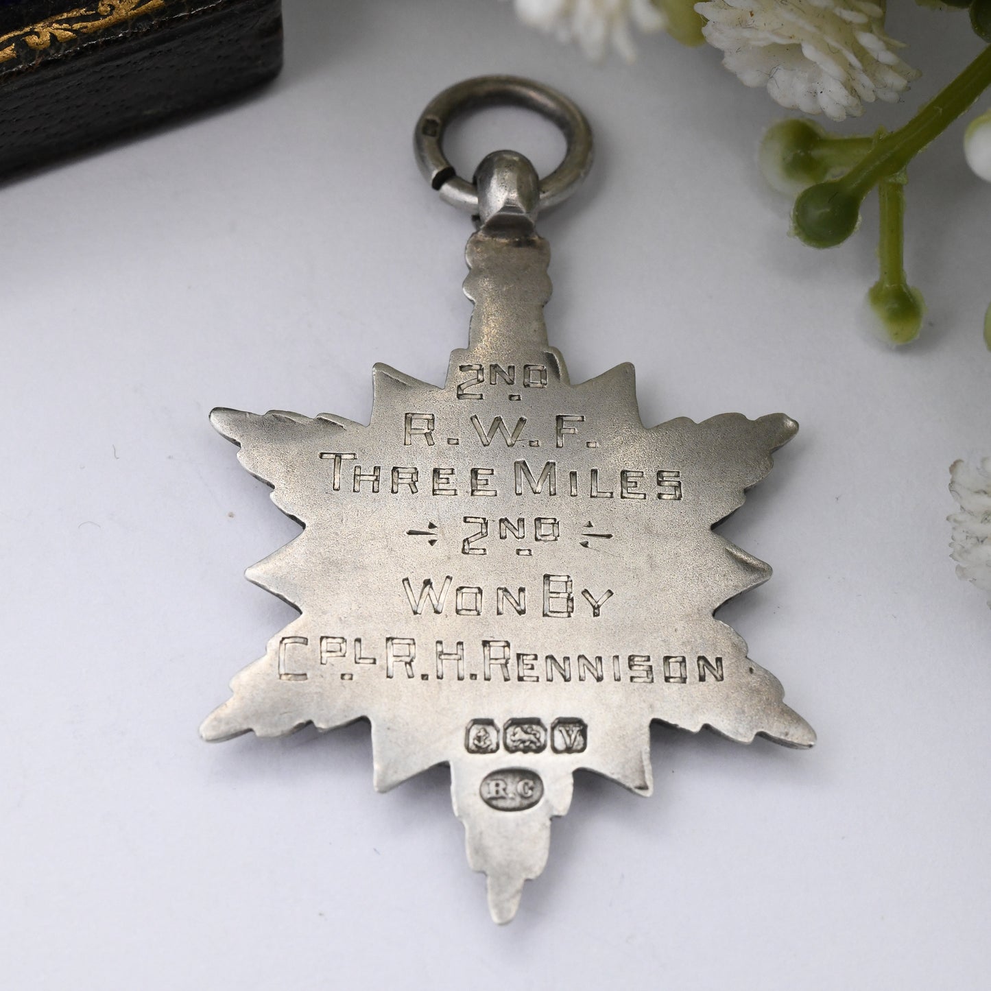 Antique Sterling Silver Star Watch Fob Pendant 1920 by Robert Chandler - with Blank Space for Engraving | Ornate Starburst Shape