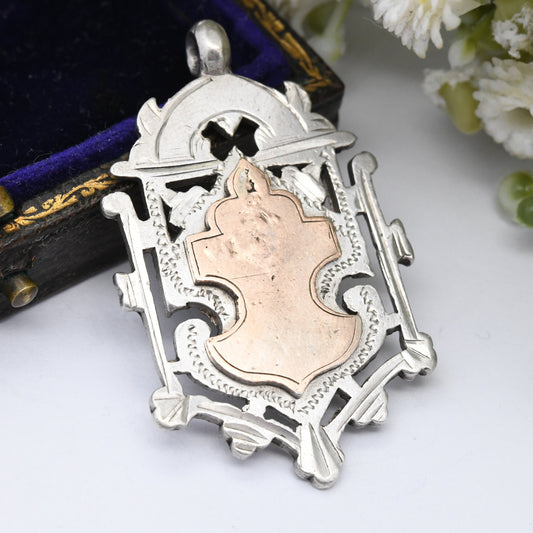 Antique Sterling Silver Watch Fob Pendant 1898 by William Hair Haseler - with Rose Gold Shield Front | RD 303856