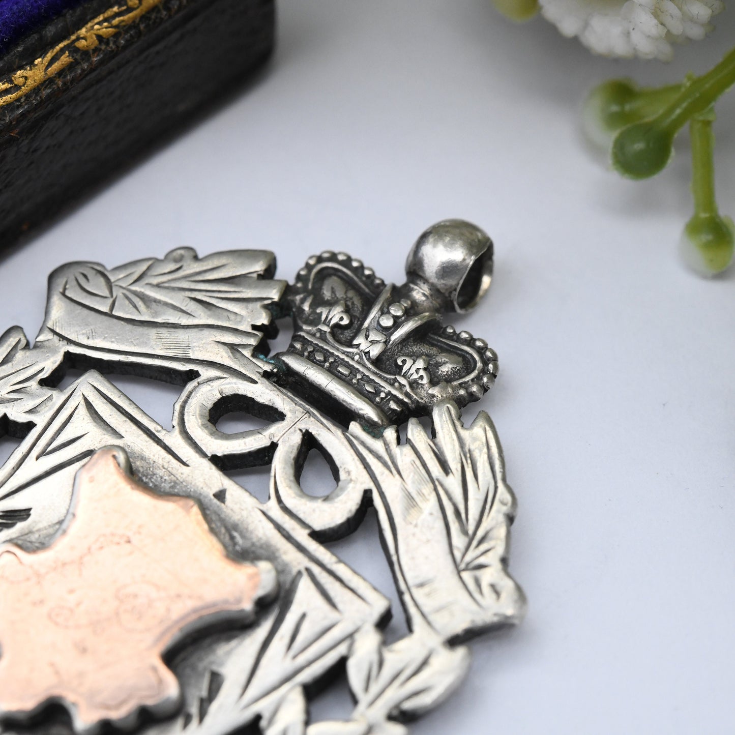 Antique Sterling Silver Watch Fob Pendant 1901 by Robert Chandler - with Rose Gold Plated Shield Plaque | Ornate Victorian Crown and Wreath