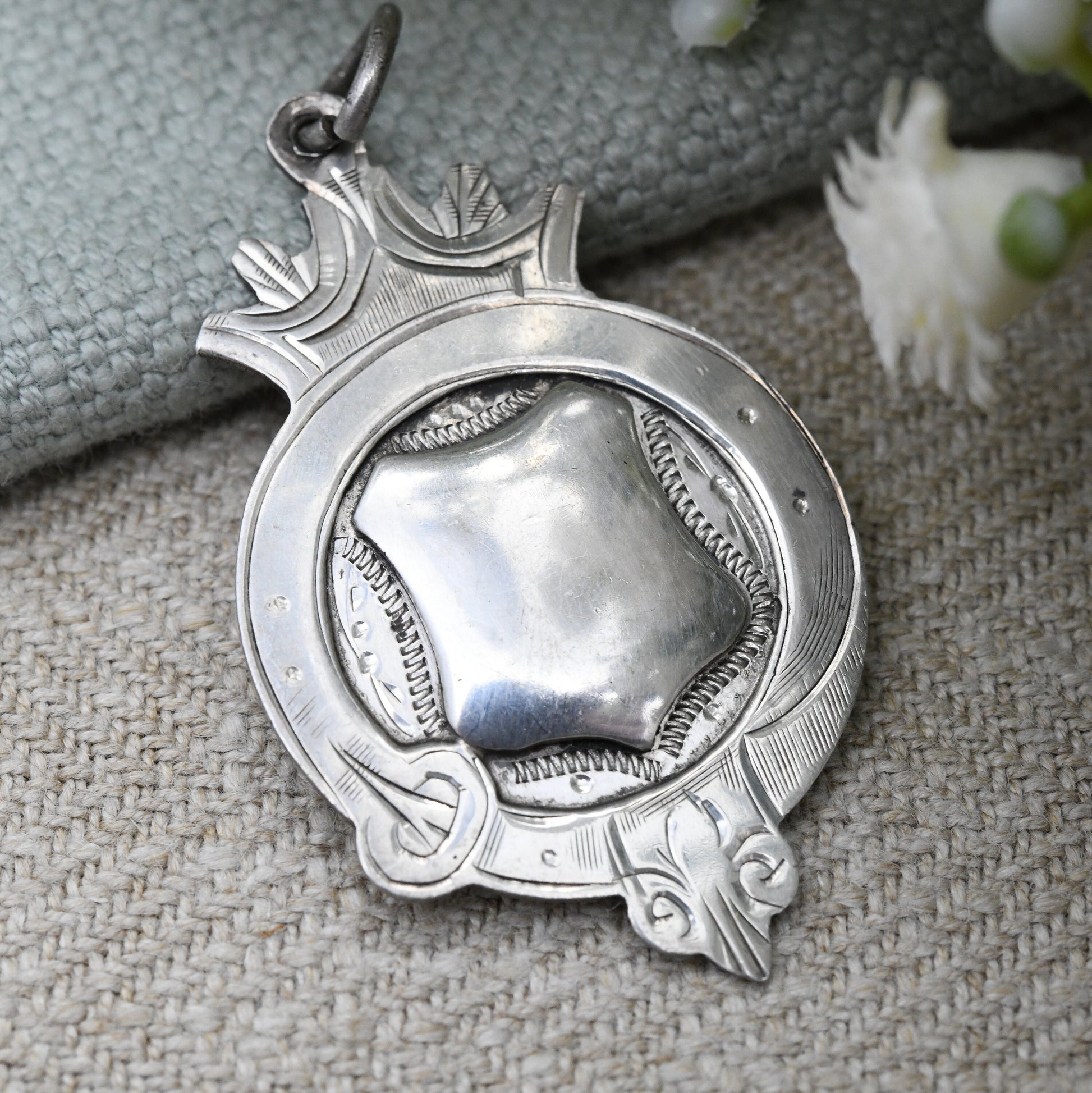 Antique Sterling Silver Watch Fob Pendant with Buckle Design Border - Blank Shield for Engraving