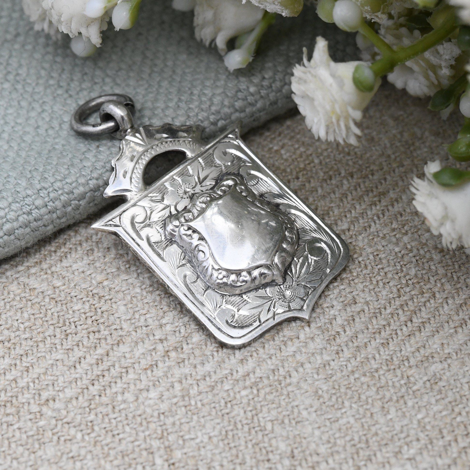 Vintage Sterling Silver Watch Fob Pendant 1936 - with Blank Space for Engraving | F. Young 1937 | Engraved Scrolling