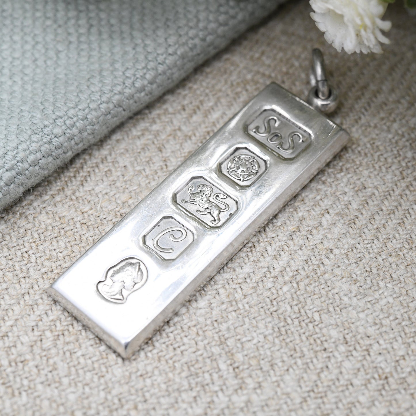 Vintage Sterling Silver Ingot Pendant 1977 with Queen Elizabeth II Silver Jubilee Stamp - Hallmarked Sheffield SoS | Mid-Century Necklace