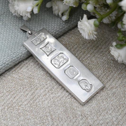 Vintage Sterling Silver Ingot Pendant 1977 with Queen Elizabeth II Silver Jubilee Stamp - Hallmarked Birmingham T&S | Mid-Century Necklace