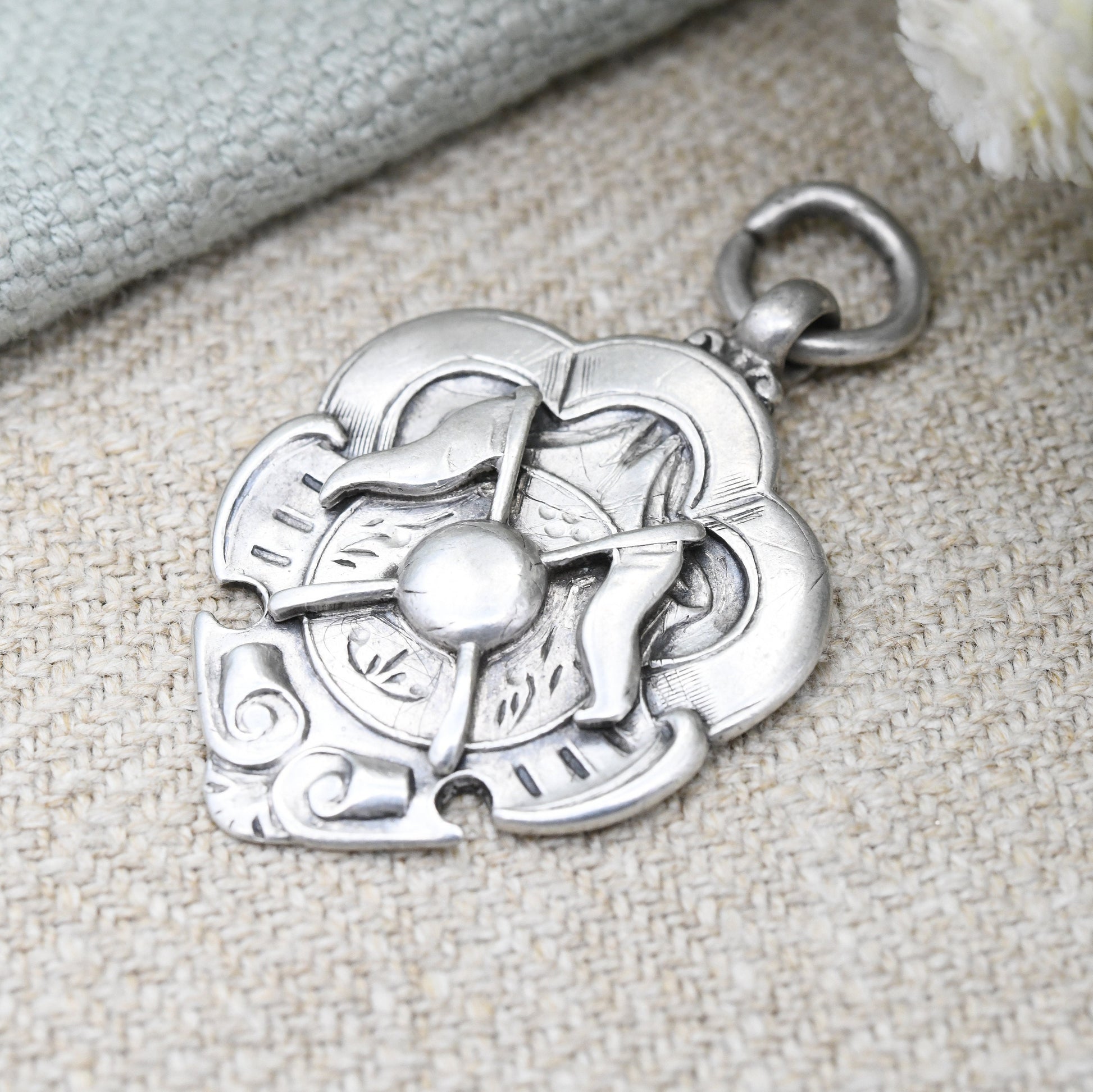 Antique Sterling Silver Watch Fob Pendant 1924 - Crossed Flags and Ball | Division 2 Runner's Up Medal