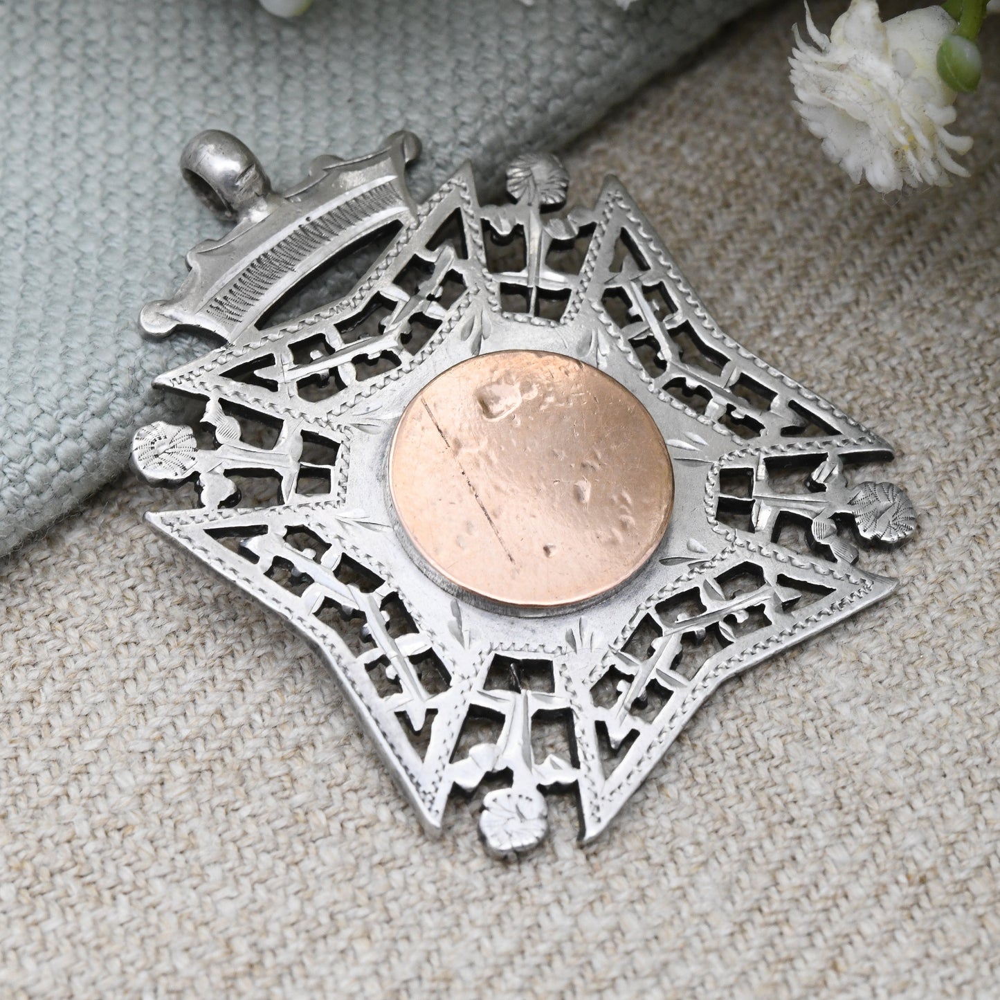 Antique Sterling Silver Watch Fob Pendant 1899 by William Hair Haseler - with Rose Gold Front | Large Victorian Pendant