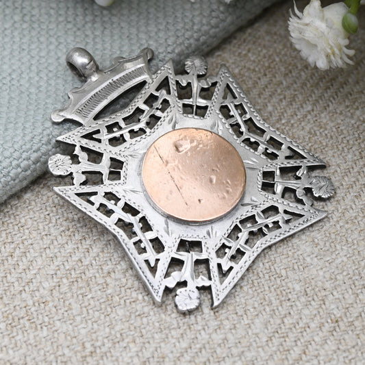 Antique Sterling Silver Watch Fob Pendant 1899 by William Hair Haseler - with Rose Gold Front | Large Victorian Pendant