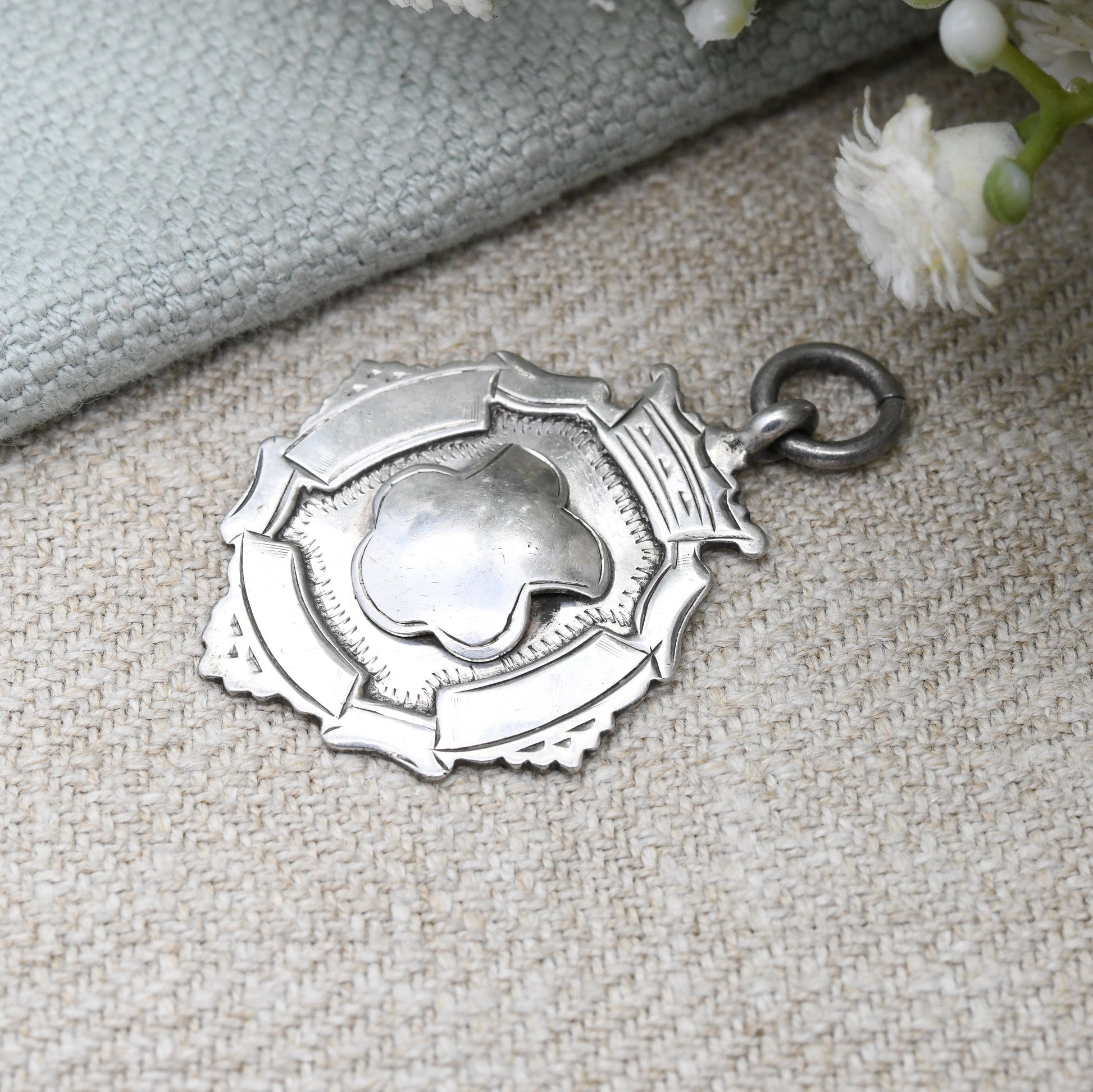 Vintage Sterling Silver Watch Fob Pendant 1933 by James Fenton - with Blank Shield to the Front