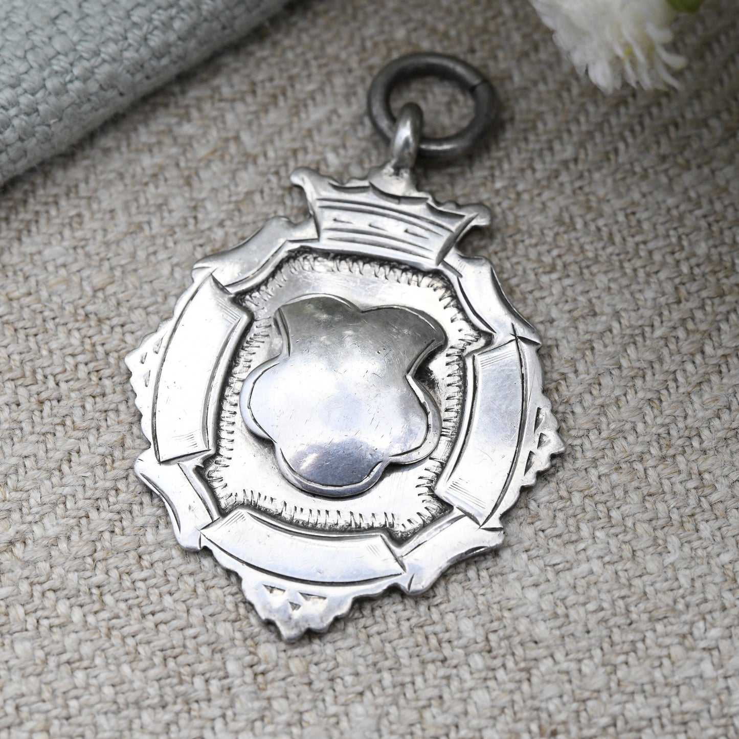 Vintage Sterling Silver Watch Fob Pendant 1933 by James Fenton - with Blank Shield to the Front