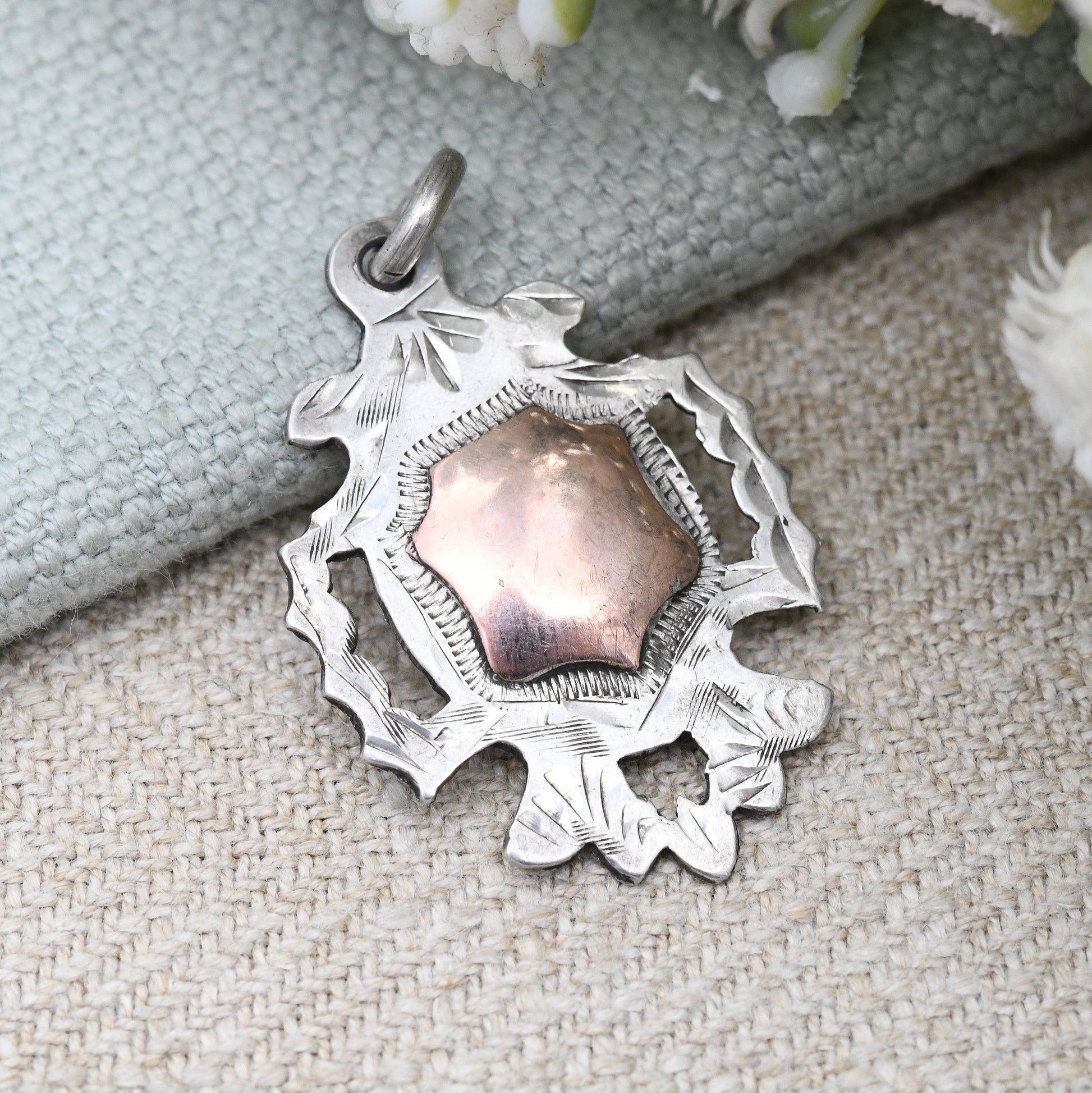 Antique Sterling Silver Watch Fob Pendant 1916 by Thomas James Skelton - with Rose Gold Plated Shield | Chester Hallmarks