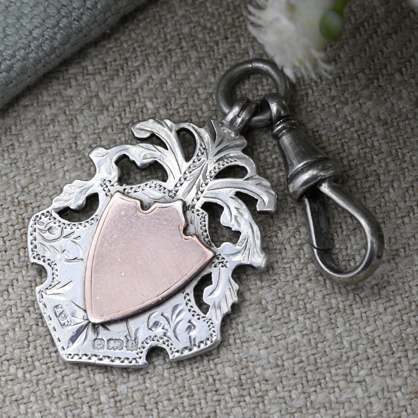 Antique Sterling Silver Watch Fob Pendant with Dog Clip 1904 by Arthur Fenwick - with Rose Gold Shields | Ornate Engraving