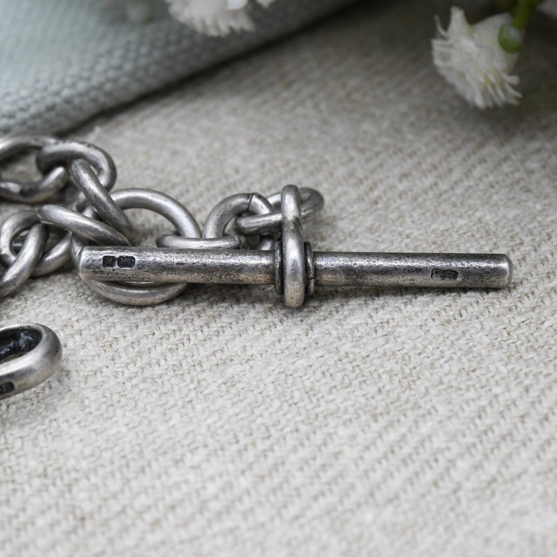 Antique Sterling Silver Albert Chain with Watch Fob T-Bar & Dog Clip 1905 1906 - Scottish Thistle Lion Rampant Shield Fob Gold Plated