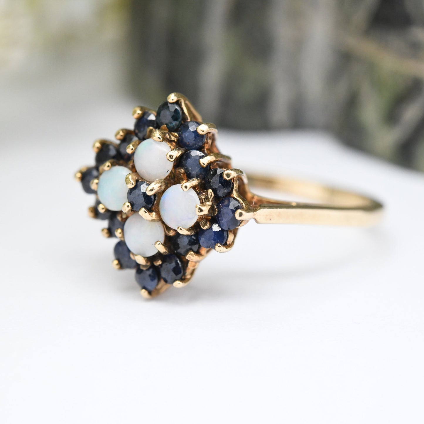 Vintage 9ct Gold Opal Sapphire Ring 1979 - Mid-Century Statement Cocktail Ring | UK Size - P | US Size - 7 1/2