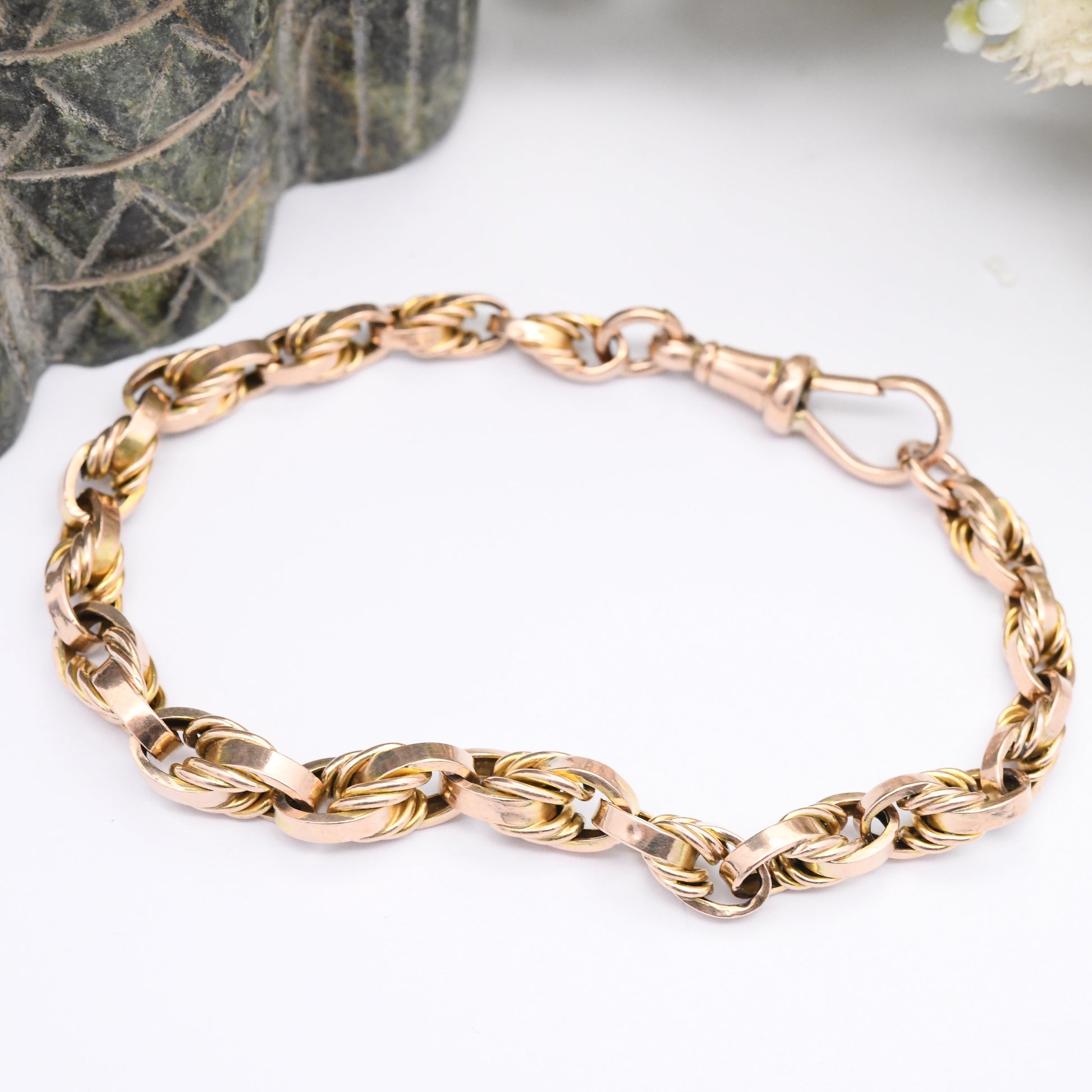 Antique 9ct Gold Fancy Link Chain Bracelet with Dog Clip - Graduating Cable Links | 19.5cm