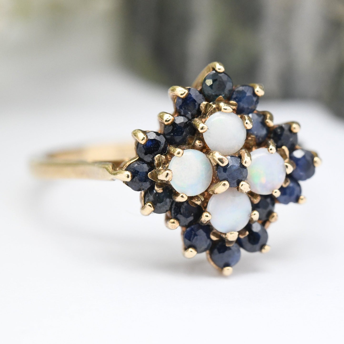 Vintage 9ct Gold Opal Sapphire Ring 1979 - Mid-Century Statement Cocktail Ring | UK Size - P | US Size - 7 1/2