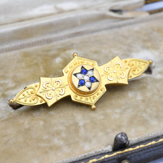 Antique Victorian 9ct Gold Mourning Brooch 1899 - Secret Hidden Locket Compartment | Star Design | Pearl and Blue Stones | Ornate Detail