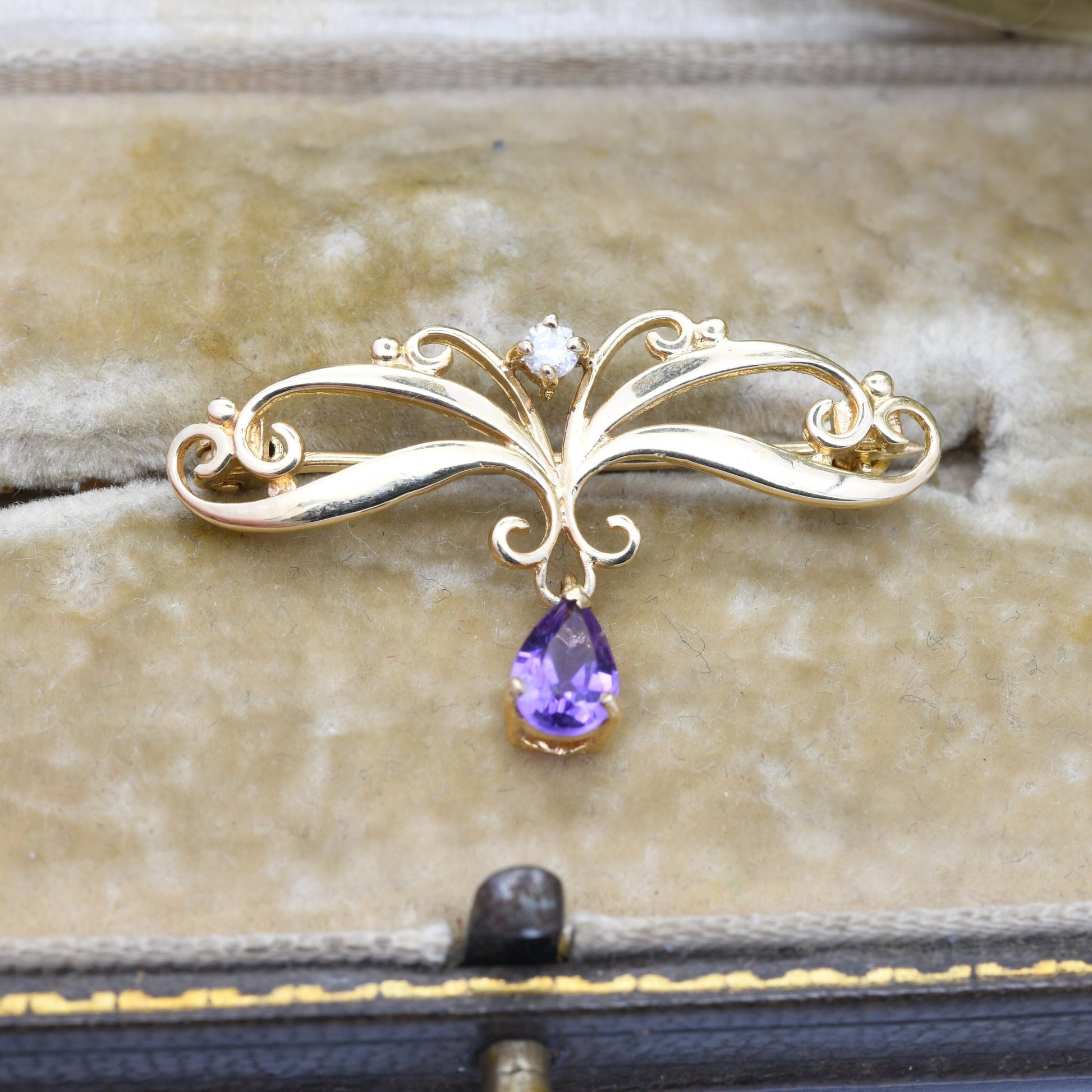 Vintage 9ct Gold Diamond and Amethyst Drop Brooch - Ornate Edwardian Style