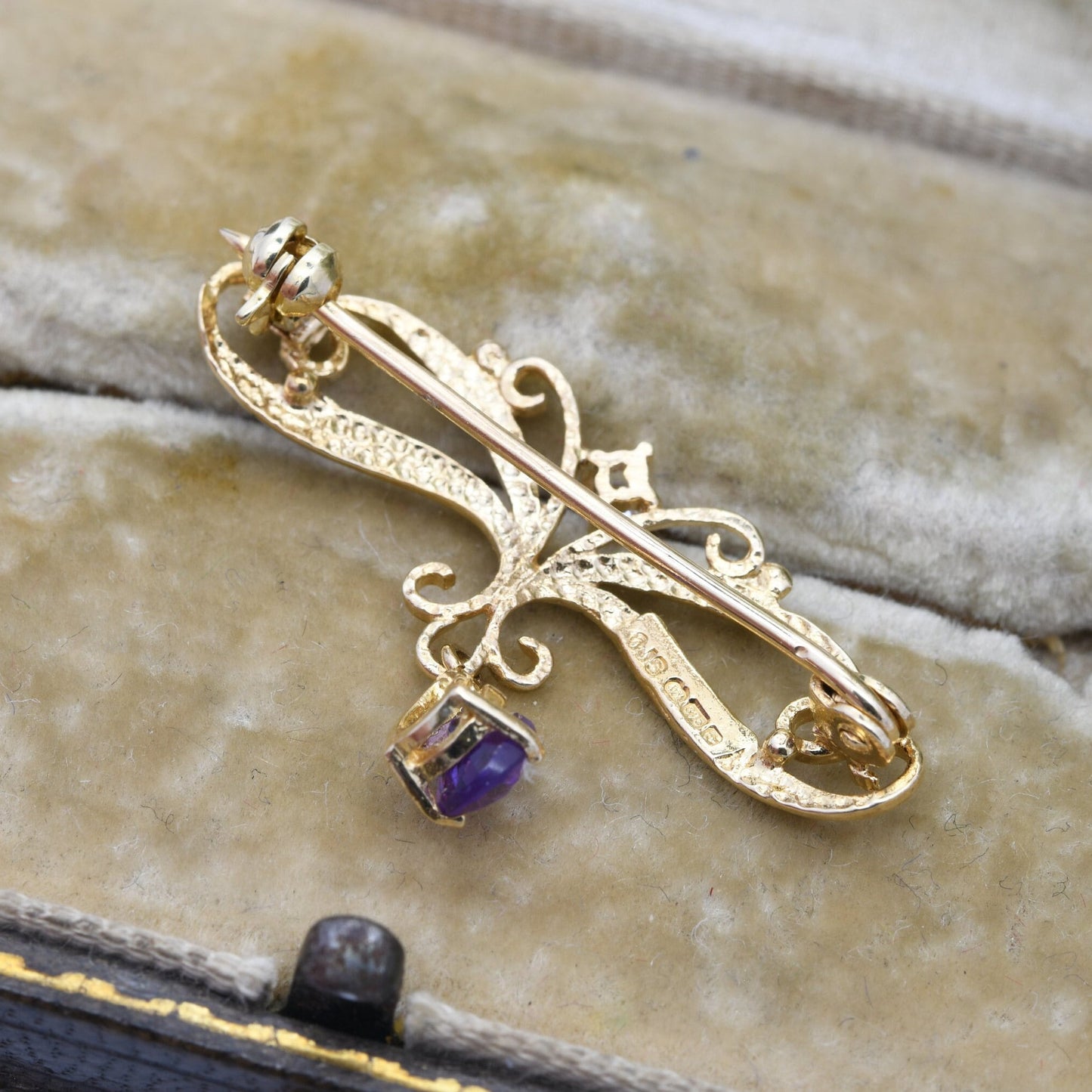 Vintage 9ct Gold Diamond and Amethyst Drop Brooch - Ornate Edwardian Style