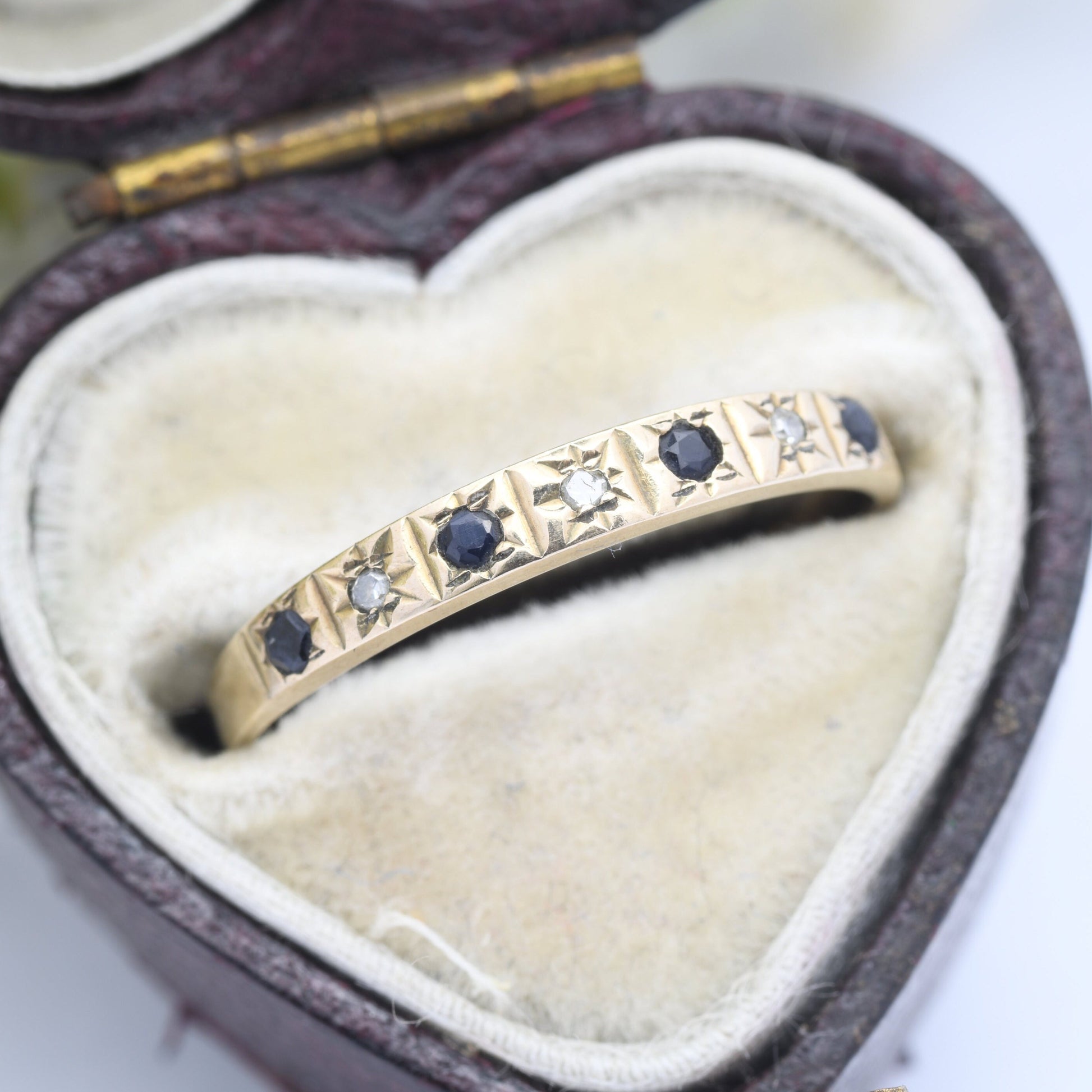 Vintage 9ct Gold Sapphire and Diamond Half Eternity Ring 1990 - with Star Set Gemstones | UK Size - L | US Size - 5 3/4