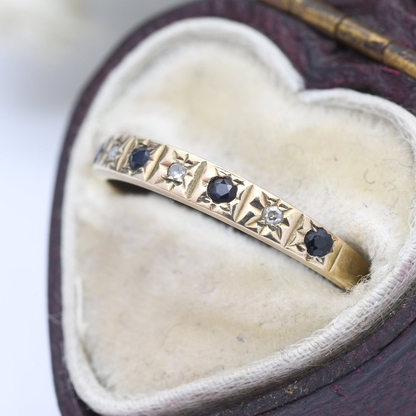 Vintage 9ct Gold Sapphire and Diamond Half Eternity Ring 1990 - with Star Set Gemstones | UK Size - L | US Size - 5 3/4