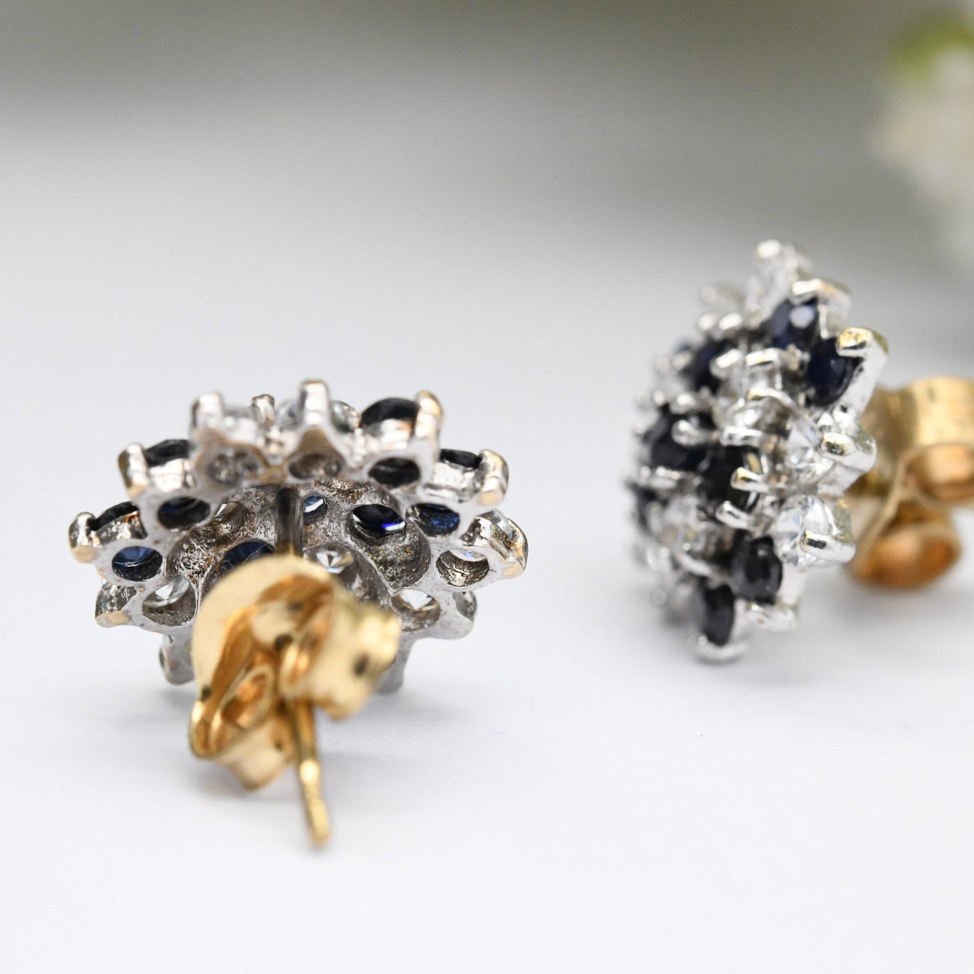 Vintage 9ct Gold Sapphire and CZ Stud Earrings - Star Shape | Butterfly Backs