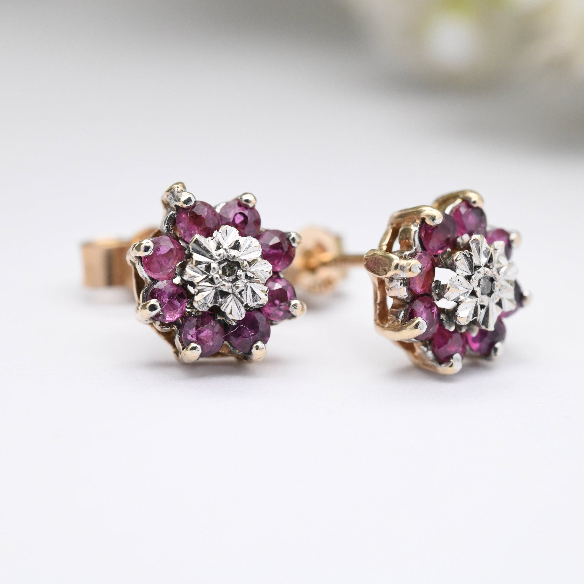 Vintage 9ct Gold Ruby Diamond Cluster Earrings 1986 - Flower Studs | July Birthstone Gift | Butterfly Back | Solid Gold