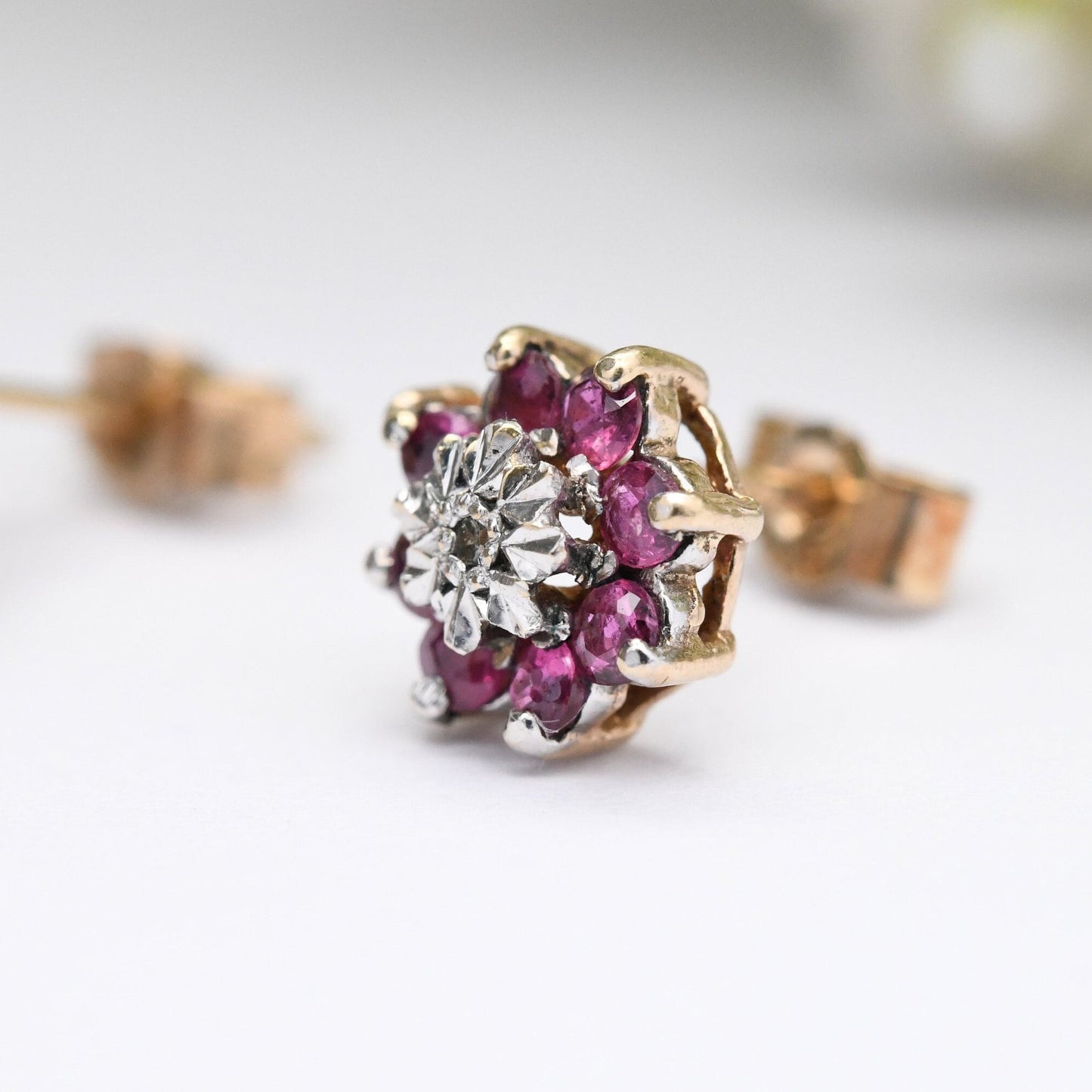 Vintage 9ct Gold Ruby Diamond Cluster Earrings 1986 - Flower Studs | July Birthstone Gift | Butterfly Back | Solid Gold