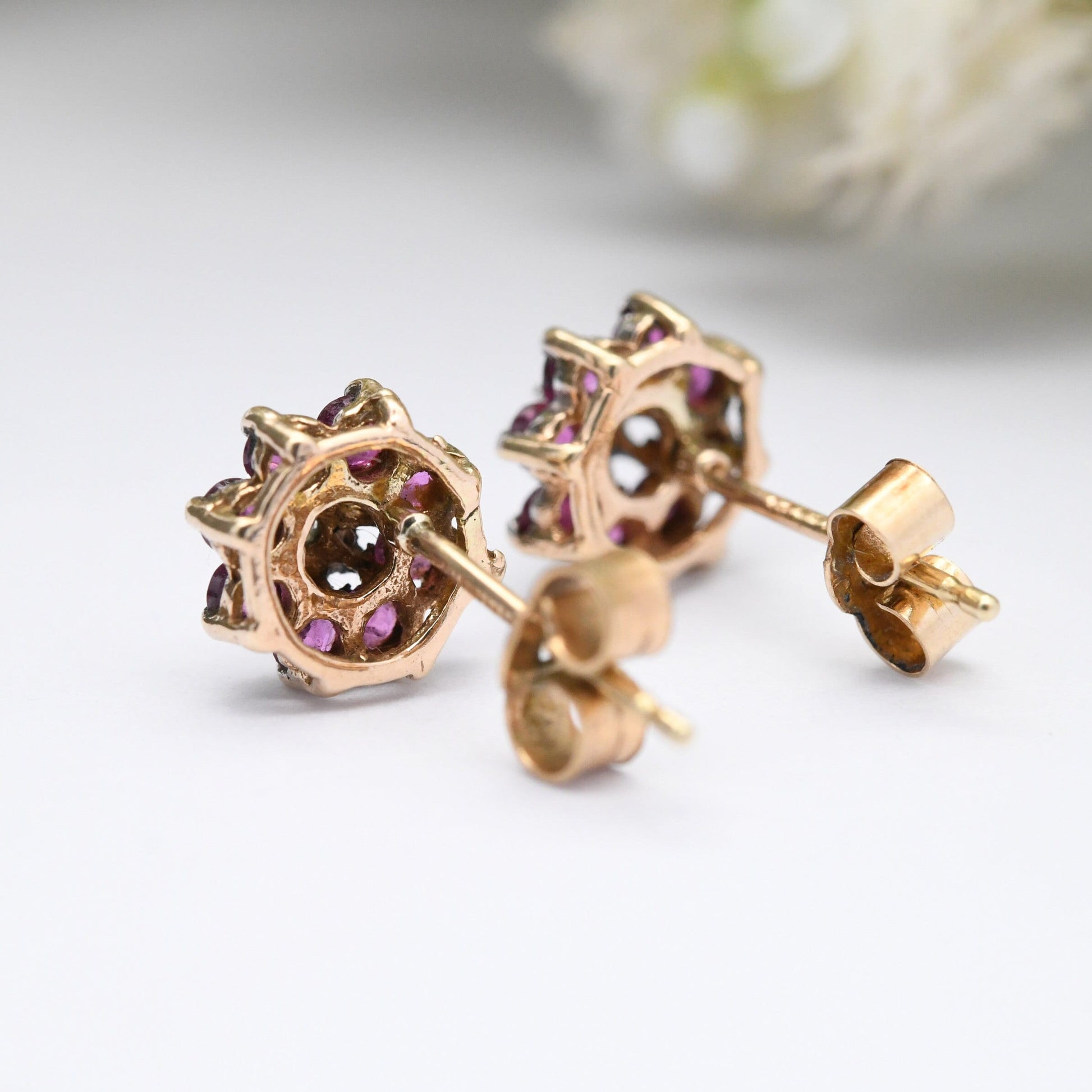 Vintage 9ct Gold Ruby Diamond Cluster Earrings 1986 - Flower Studs | July Birthstone Gift | Butterfly Back | Solid Gold