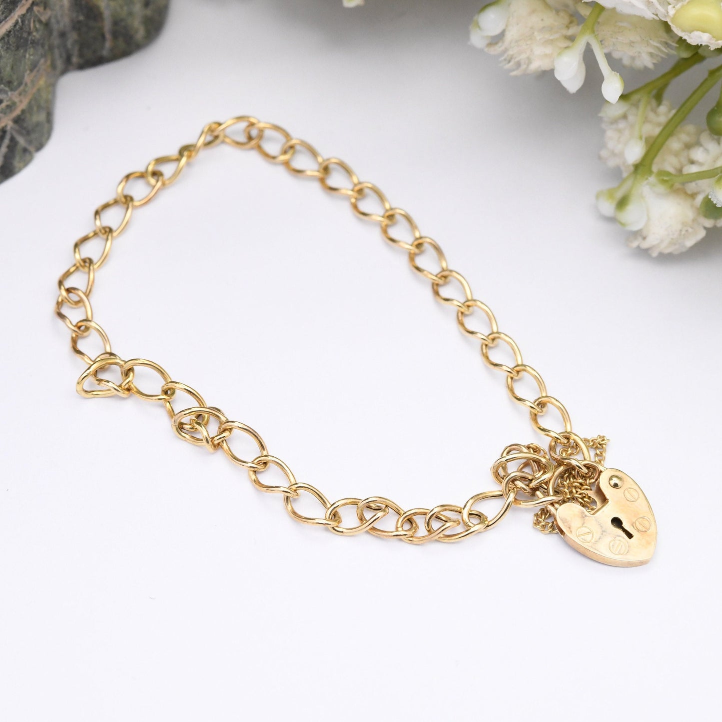 Vintage 9ct Gold Heart Padlock Clasp Curb Link Chain Bracelet with Safety Chain - Empty Charm Bracelet