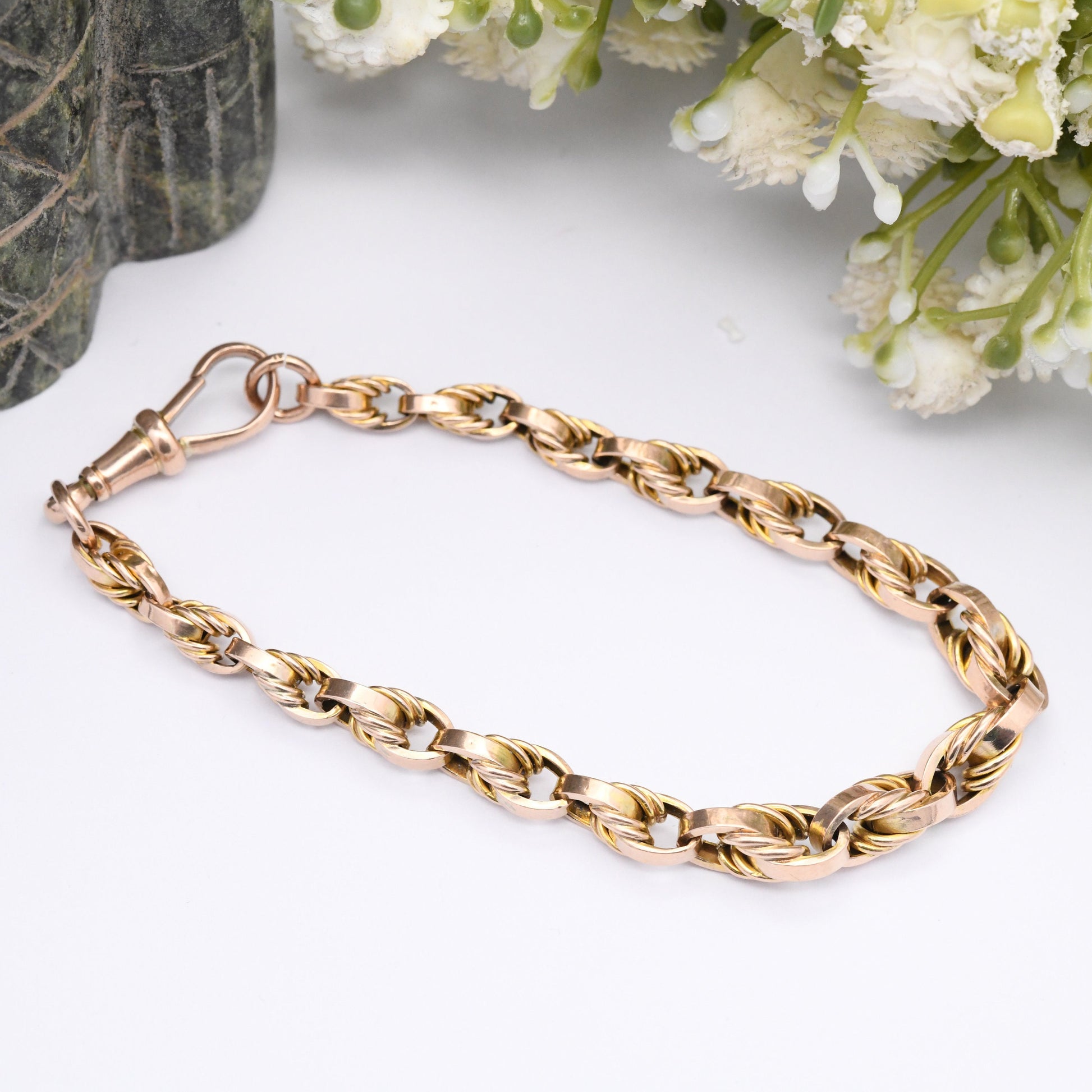 Antique 9ct Gold Fancy Link Chain Bracelet with Dog Clip - Graduating Cable Links | 19.5cm