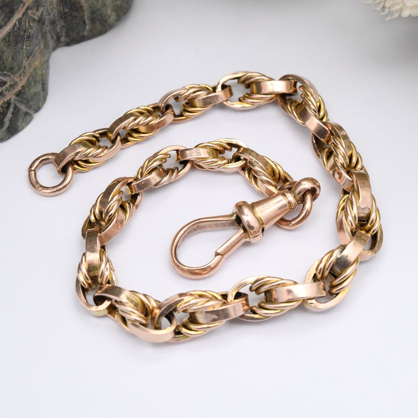 Antique 9ct Gold Fancy Link Chain Bracelet with Dog Clip - Graduating Cable Links | 19.5cm