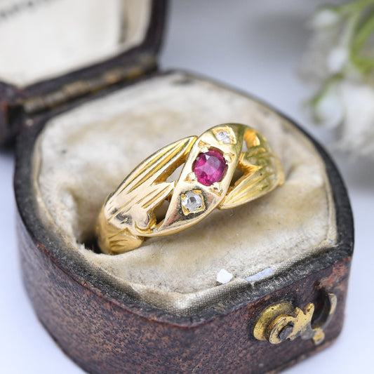 Antique 18ct Gold Ruby Diamond Three Stone Ring - Unusual Victorian Gypsy Ring | UK Size - M | US Size - 6 1/4