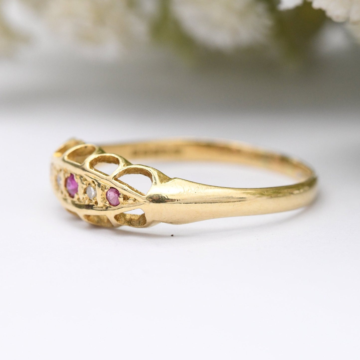 Vintage 18ct Gold Ruby and Diamond Boat Ring 1980 - Pretty Five Stone Ring | Large Size UK Size - U | US Size - 10