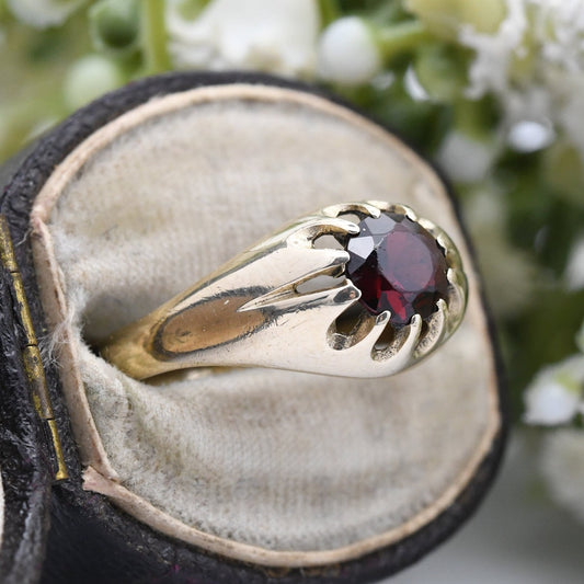 Vintage 9ct Gold Garnet Solitaire Ring - Statement Unisex Gold Jewellery | UK Size - Q 1/2 | US Size - 8 1/4